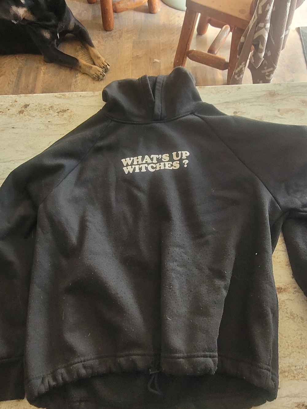 Kids Black Hoodie Jacket with "What's Up Witches?" Graphic